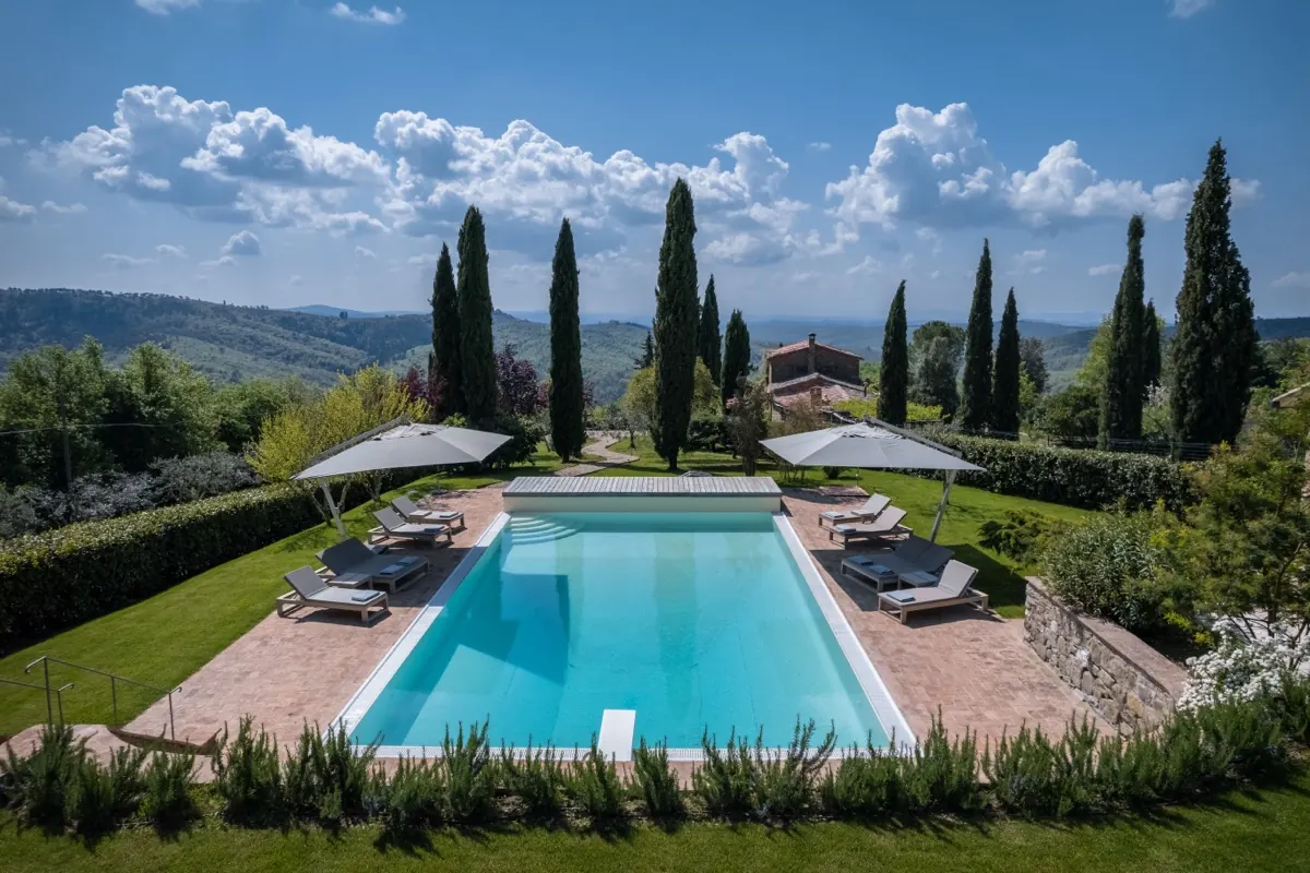 The pool and the line of cypresses