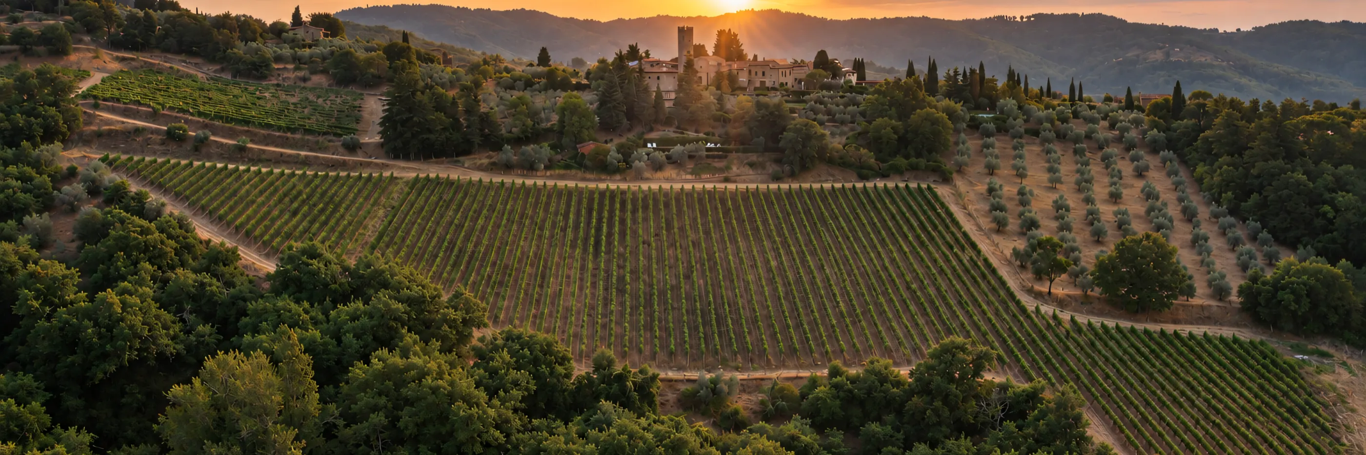 The hamlet on its ridge at sunset, above the vineyards