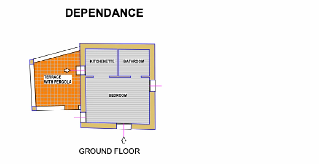 The dependance: one bedroom with a kitchenette, a bathroom and a terrace with a pergola