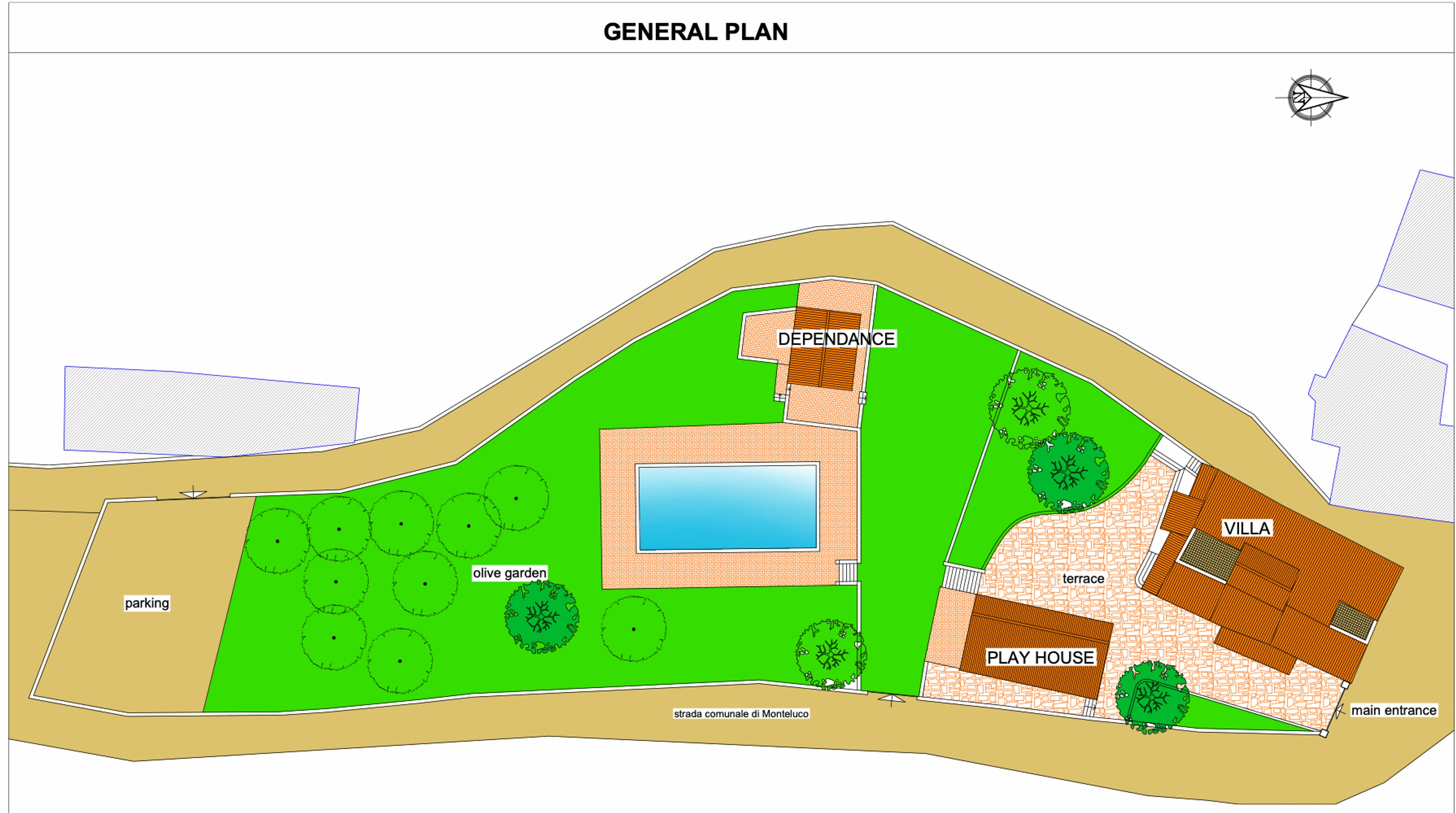 Site plan of the property: the villa and its terrace at one end, the play house beside it, the pool in the middle, the dependance above it, the olive garden and the parking at the far end, with the Monteluco road along the front