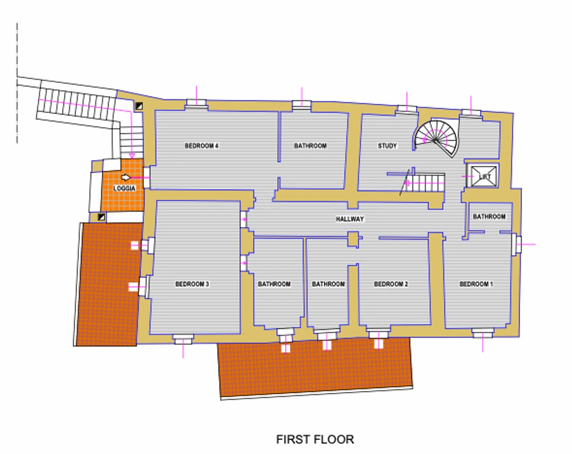 First floor of the villa: bedrooms one to four, a study, four bathrooms, a hallway, the lift and both stairs, and a loggia