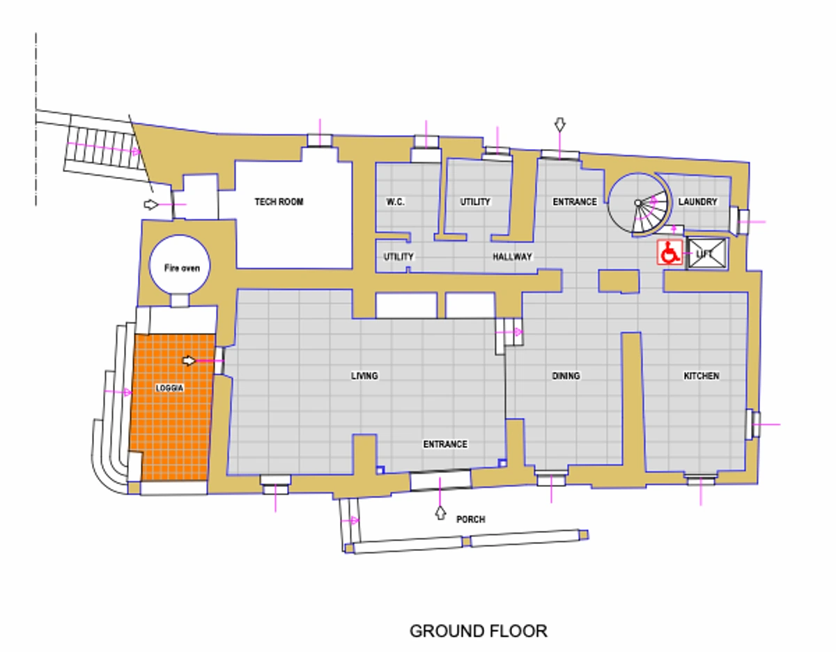 Ground floor of the villa: entrance, living room, dining room, kitchen, loggia, fire oven, hallway, laundry, lift and spiral stair, with a porch outside