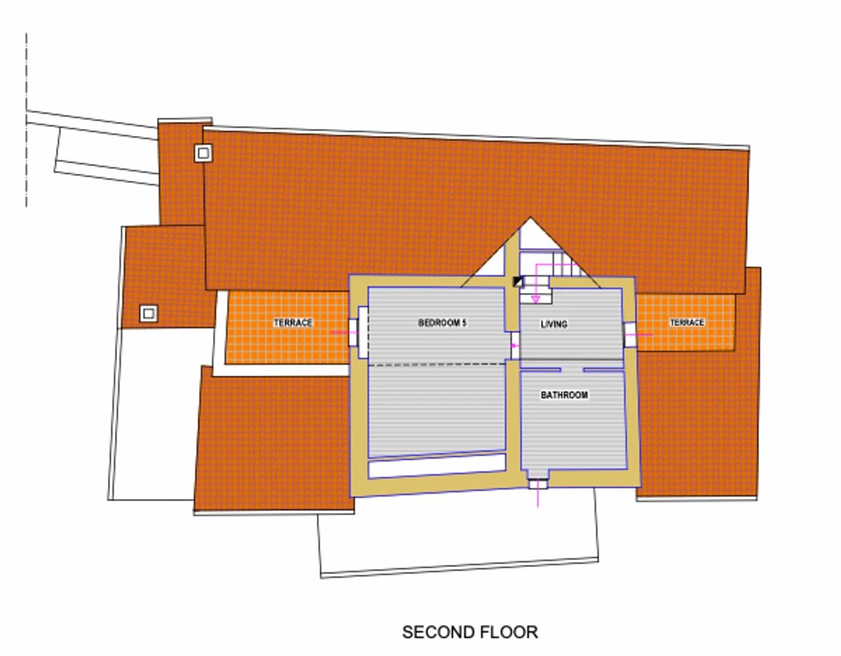 Second floor of the villa: bedroom five, a living room, a bathroom and two terraces under the roof