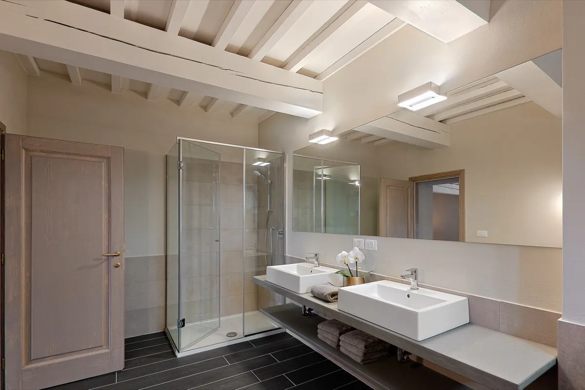 A bathroom with a double basin