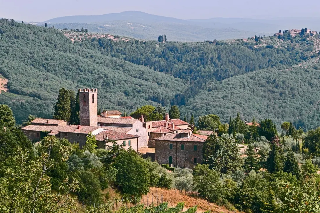 The hamlet, seen across the valley